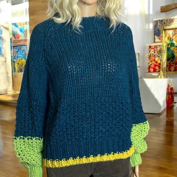 Anthropologie Dr Bloom Tamborito Color Block Sweater Teal Green Yellow - Picture 2 of 8